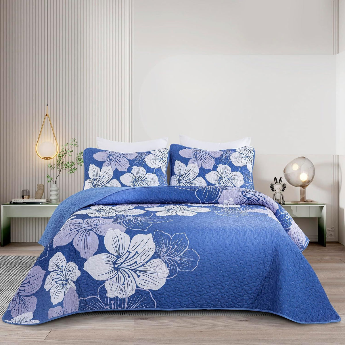 Blue Floral Boho Charm Bedspread Coverlet 3 Piece Set