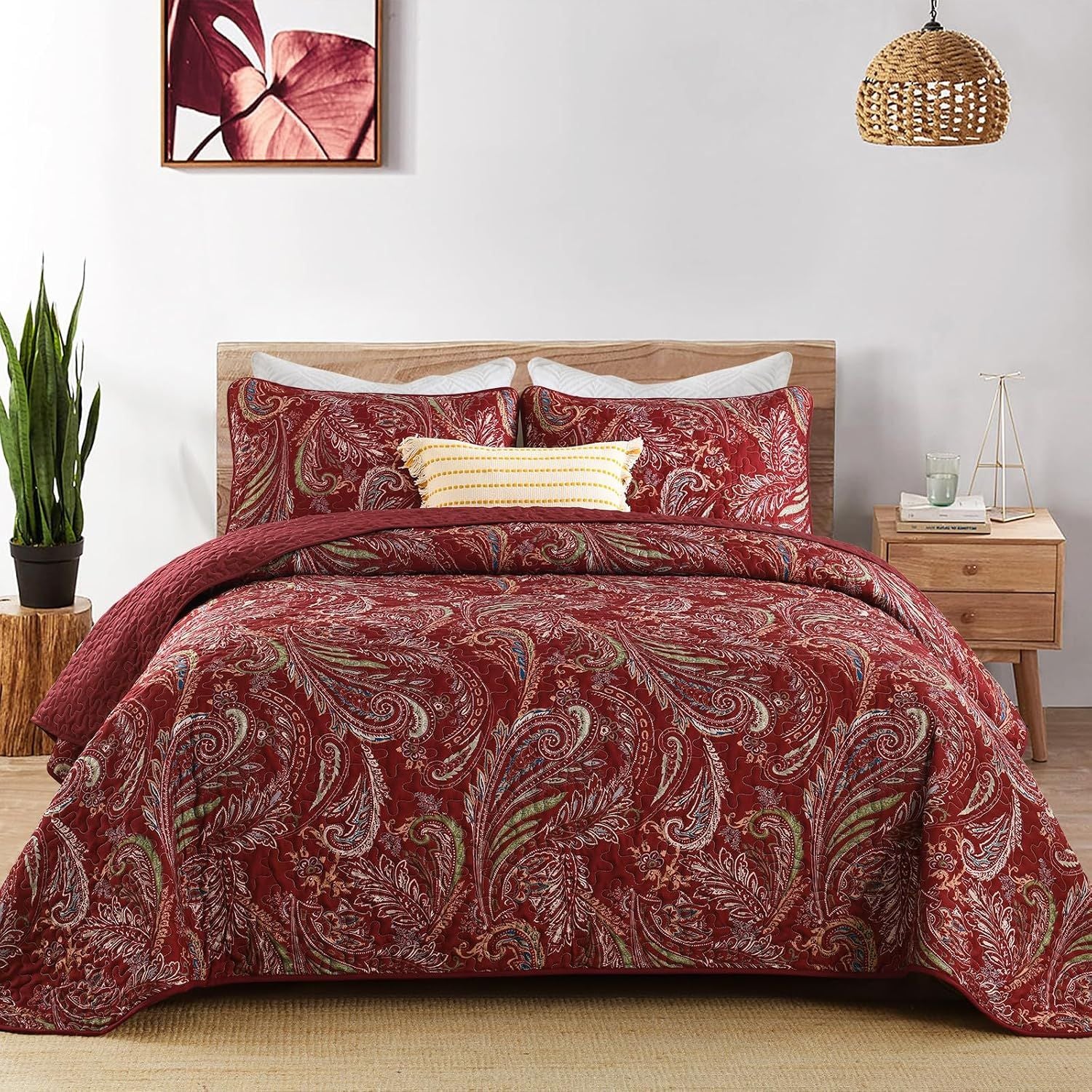 Red Paisley Garden Bedspread Coverlet 3 Piece Set