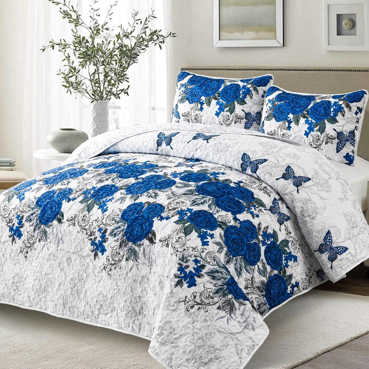 Blue Floral Rose Meadow Bedspread Coverlet 3 Piece Set