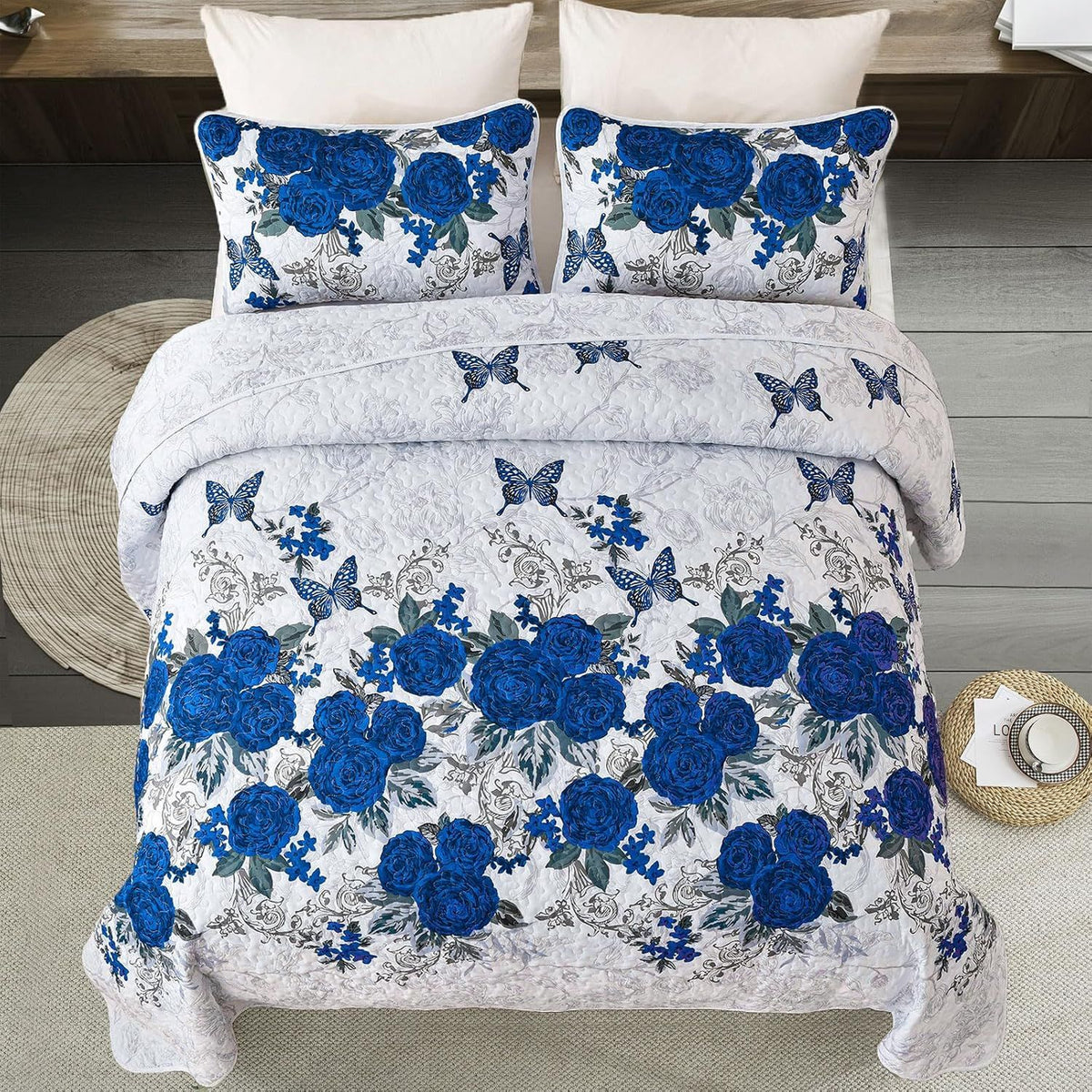 Blue Floral Rose Meadow Bedspread Coverlet 3 Piece Set