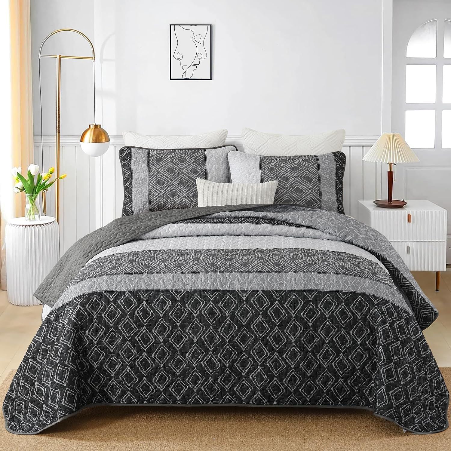 Grey Stripe Plaid Dream Bedspread Coverlet 3 Piece Set