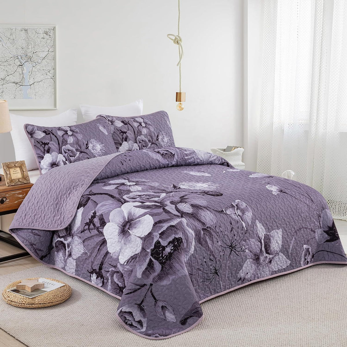 Dark Purple Floral Boho Serenity Bedspread Coverlet 3 Piece Set