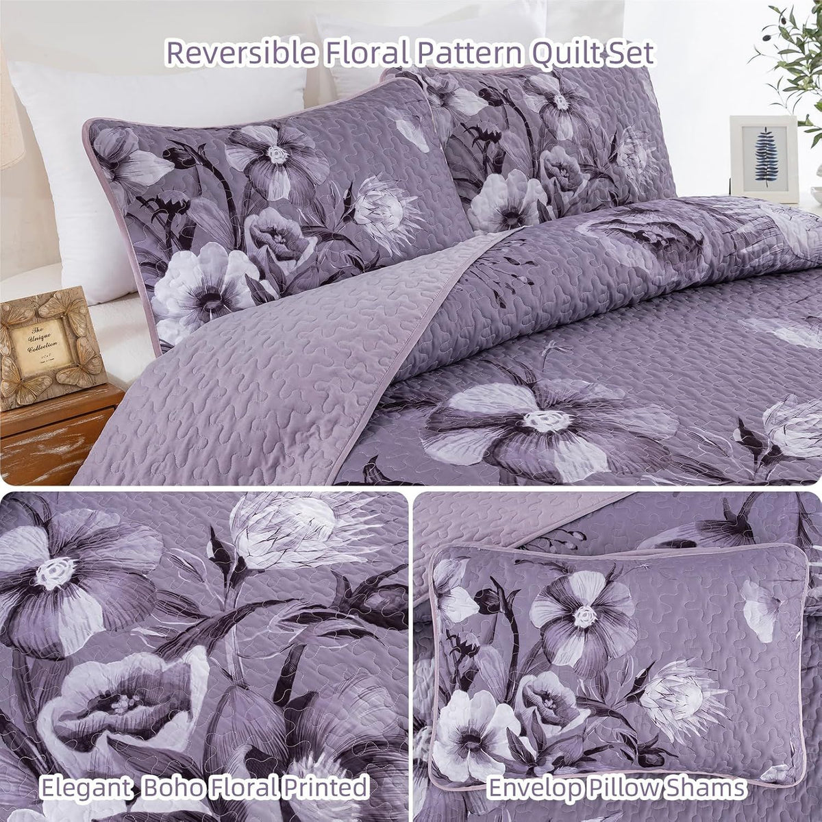 Dark Purple Floral Boho Serenity Bedspread Coverlet 3 Piece Set