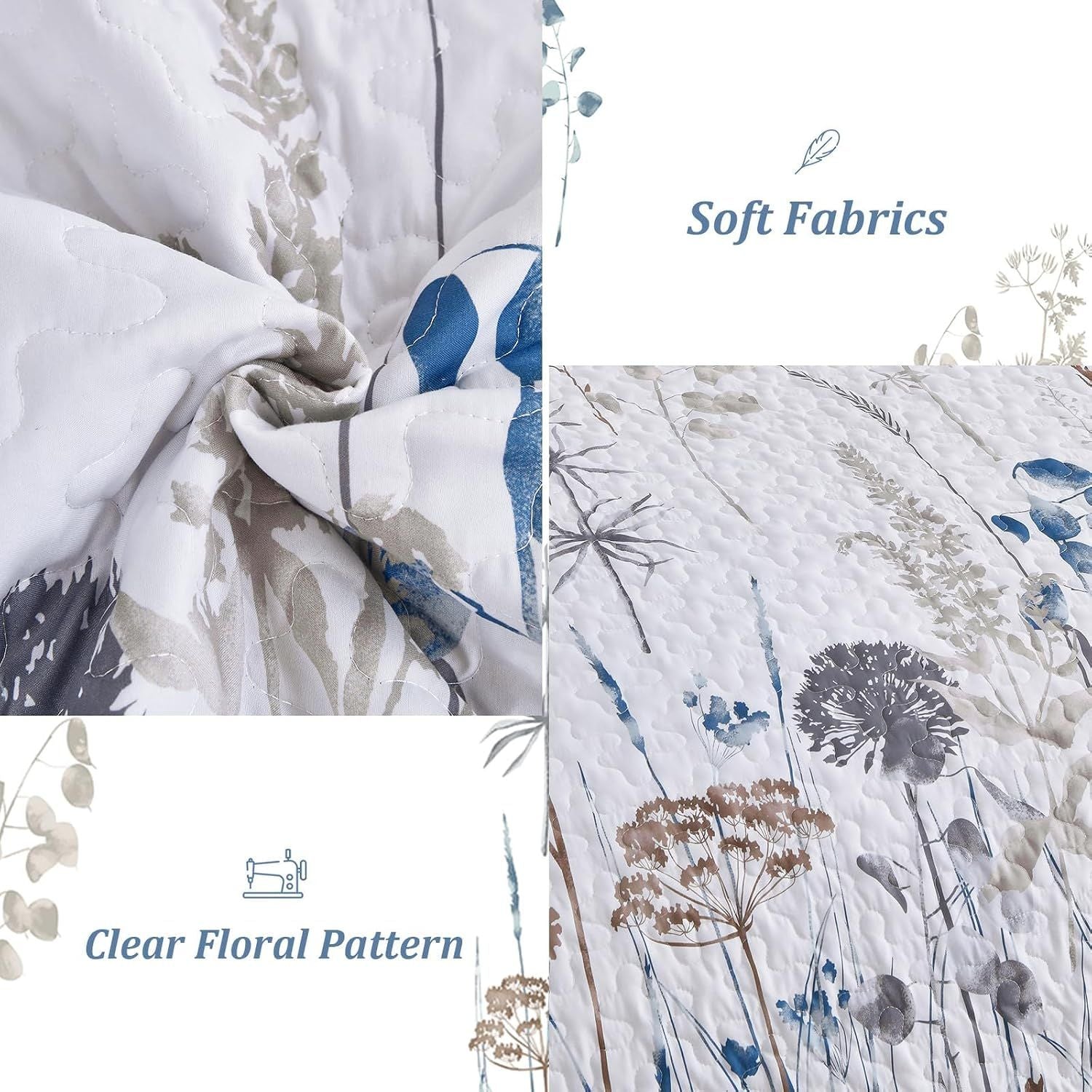 Blue Floral Botanical Charm Bedspread Coverlet 3 Piece Set