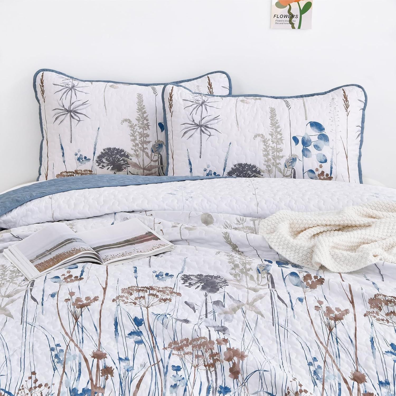 Blue Floral Botanical Charm Bedspread Coverlet 3 Piece Set