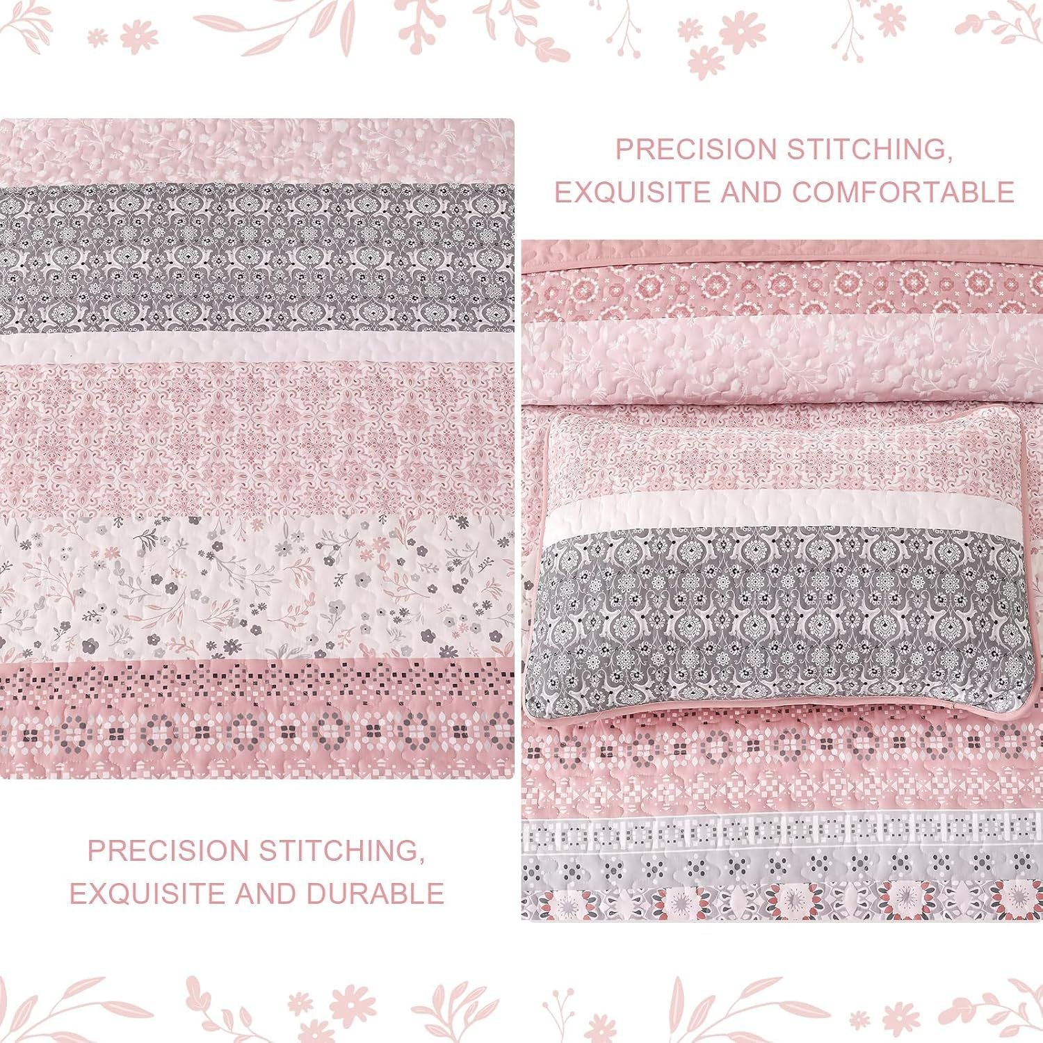 Pink Floral Stripe Bloom Bedspread Coverlet 3 Piece Set