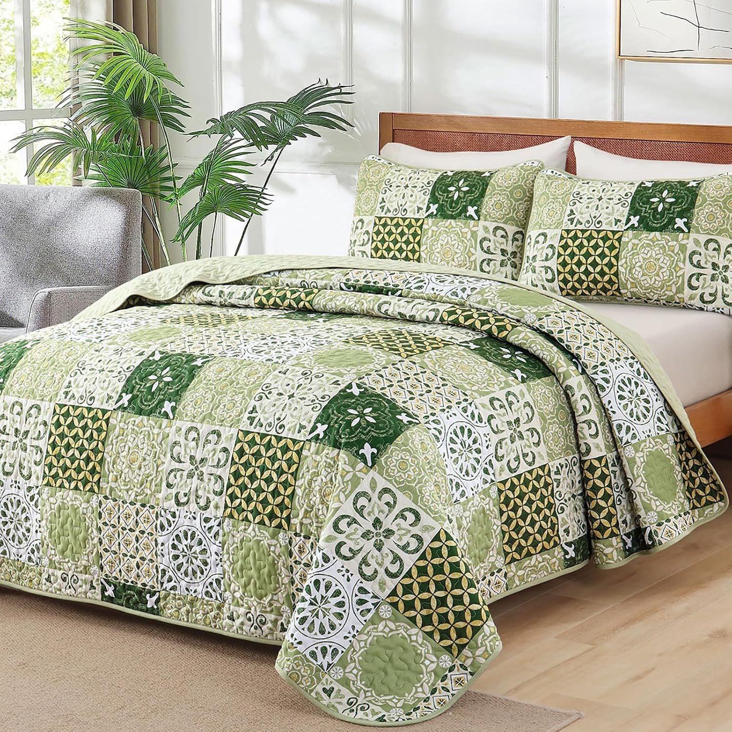 Sage Green Plaid Patchwork Garden Bedspread Coverlet 3 Piece Set