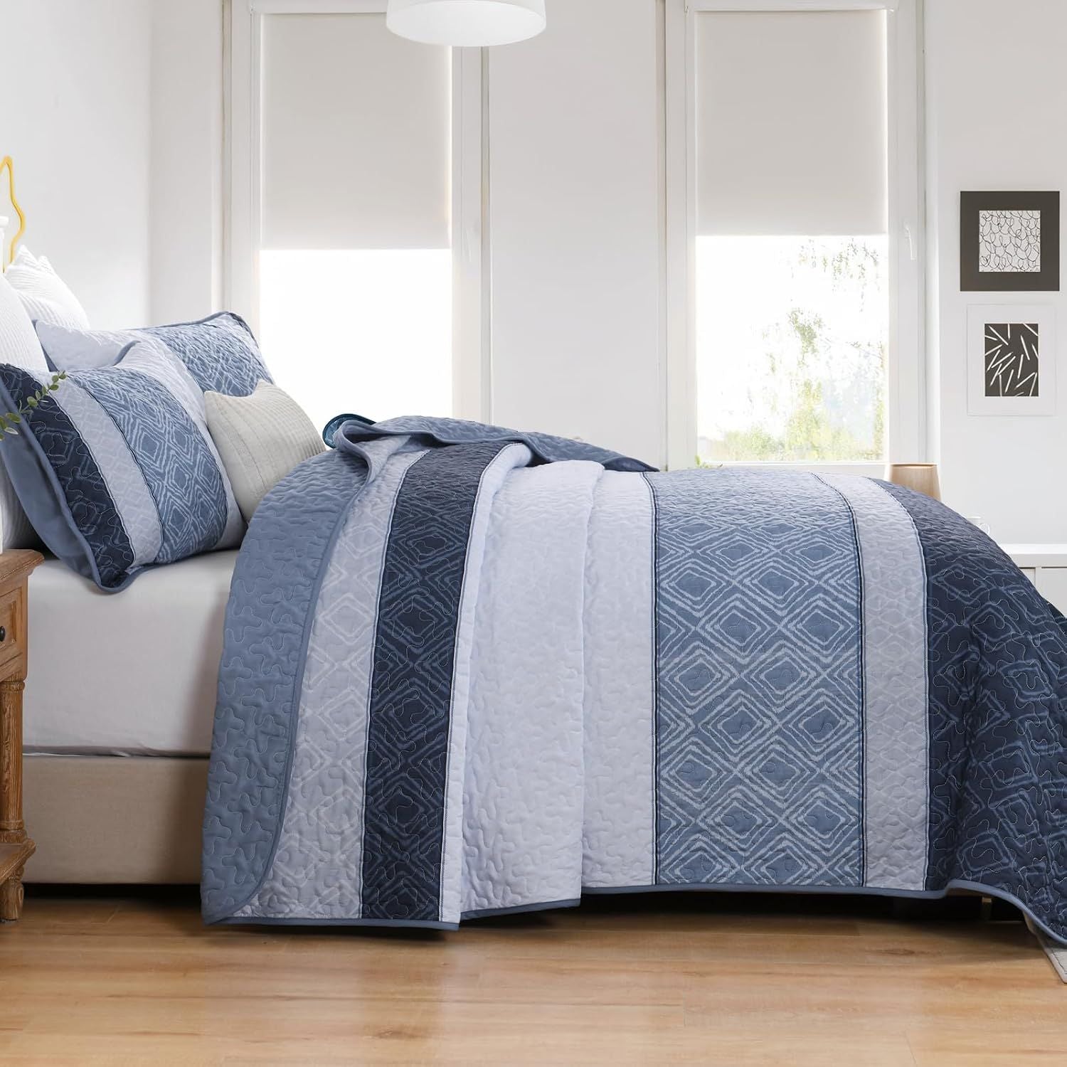 Mineral Blue Stripe Plaid Dream Bedspread Coverlet 3 Piece Set