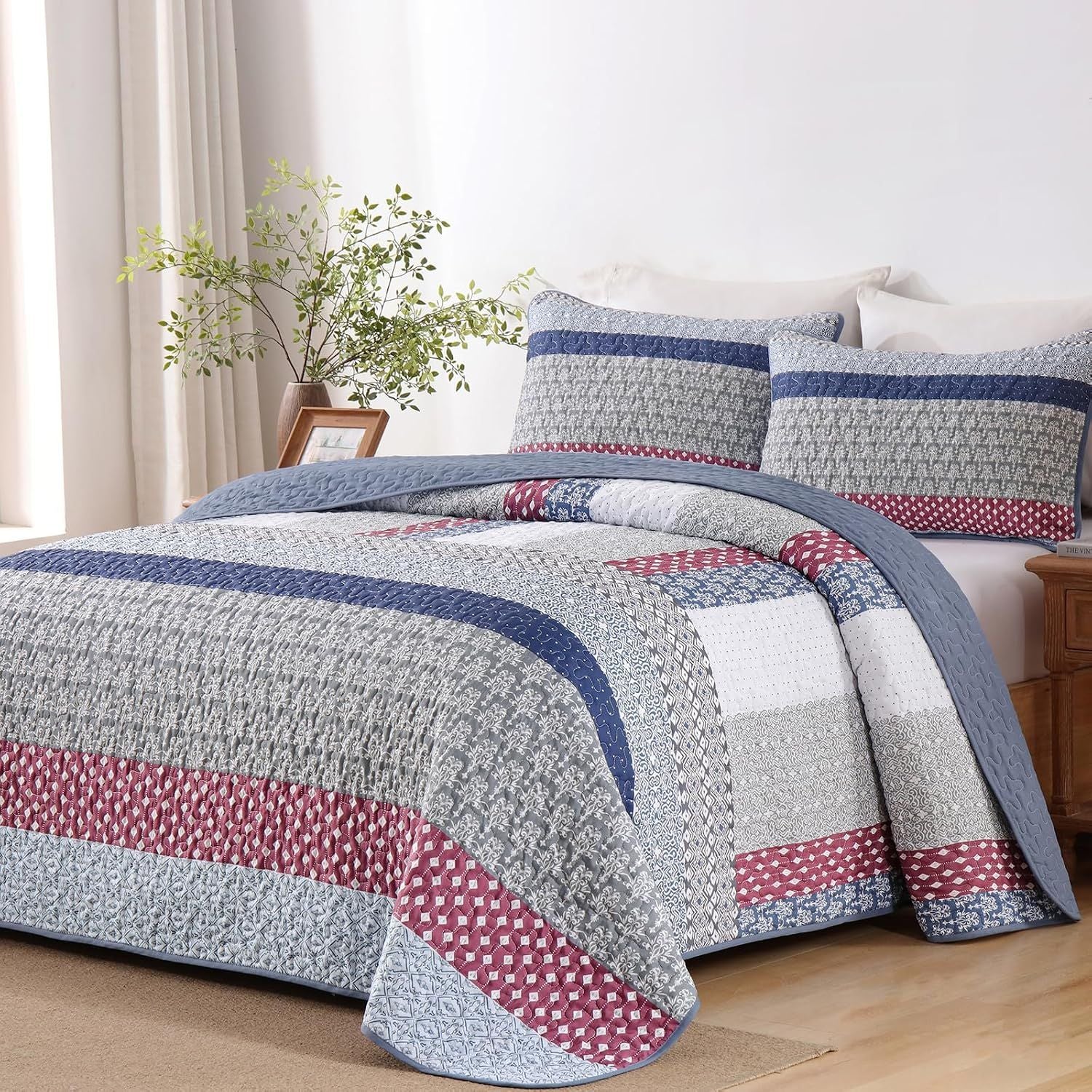 Red Patchwork Boho Mosaic Bedspread Coverlet 3 Piece Set