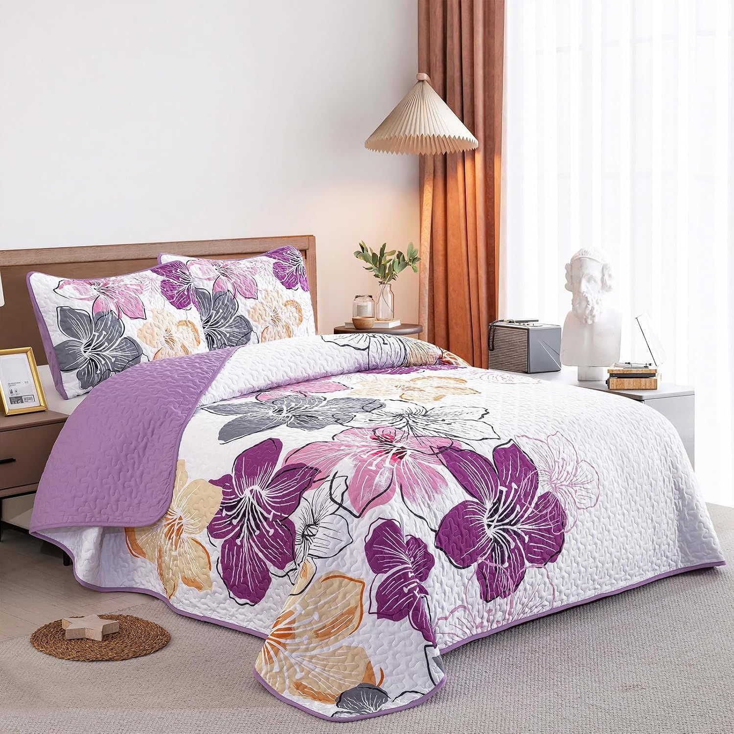 Purple Floral Boho Elysian Bedspread Coverlet 3 Piece Set