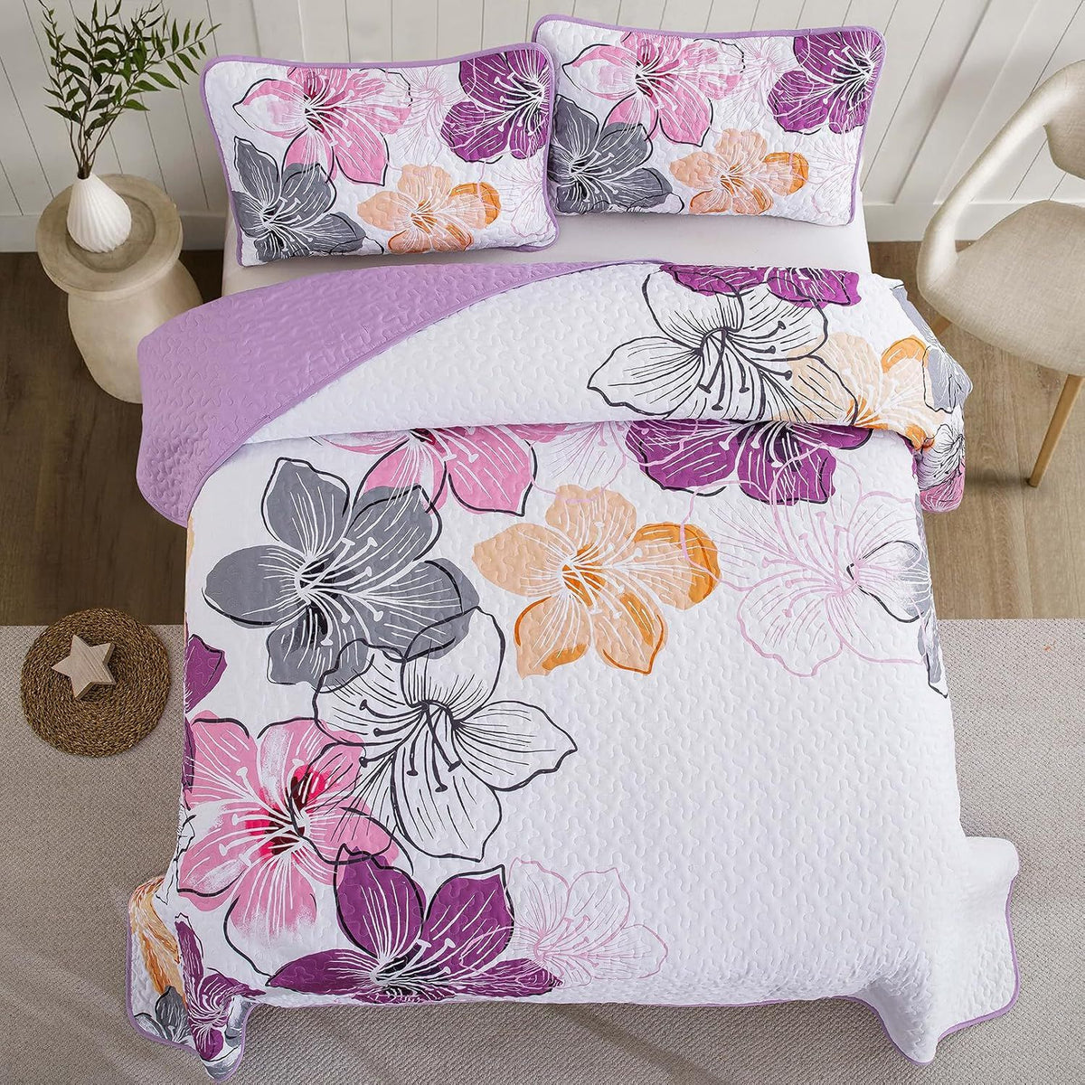 Purple Floral Boho Elysian Bedspread Coverlet 3 Piece Set