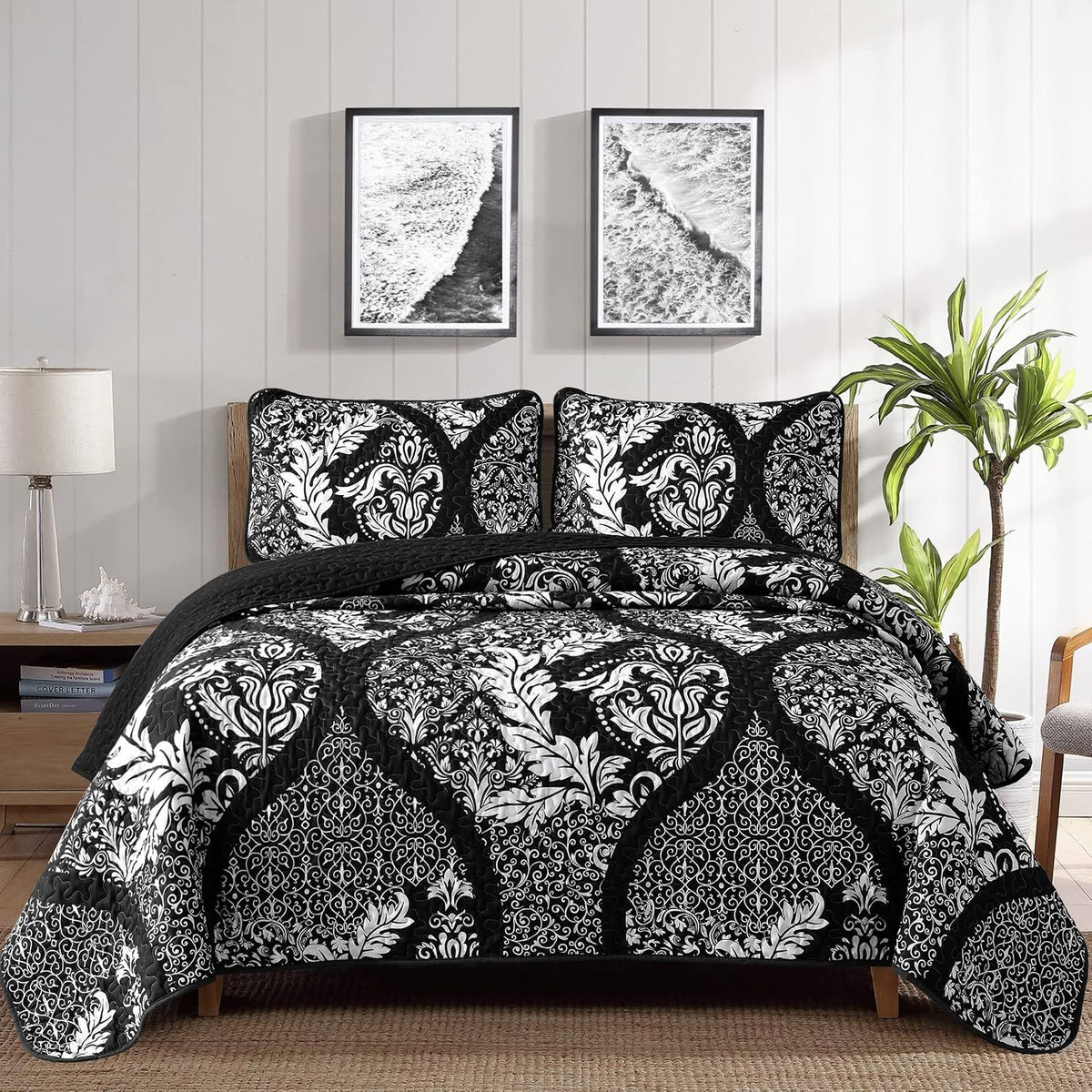 Black Damask Boho Serenity Bedspread Coverlet 3 Piece Set
