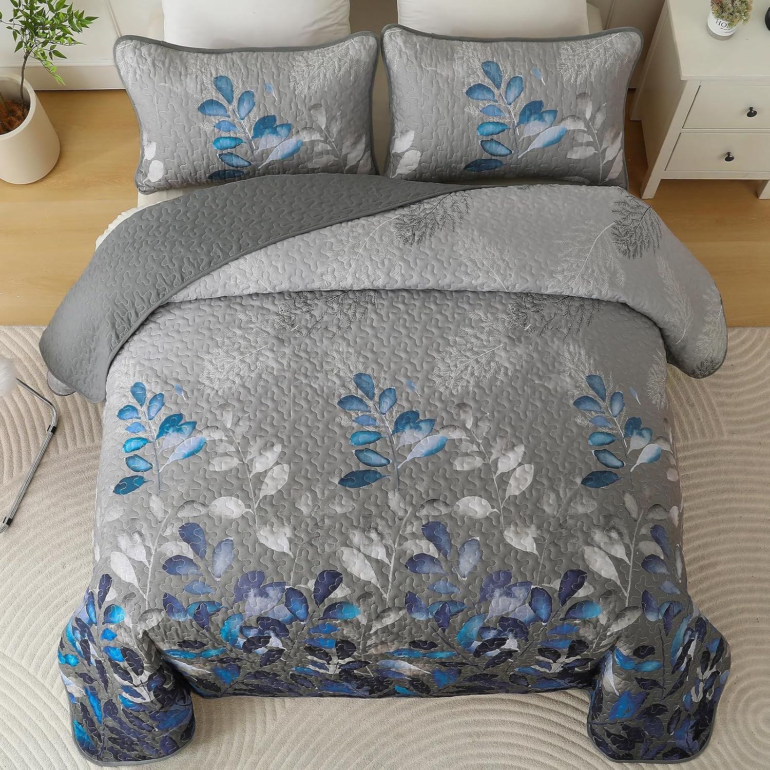Grey Blue Floral Garden Bedspread Coverlet 3 Piece Set