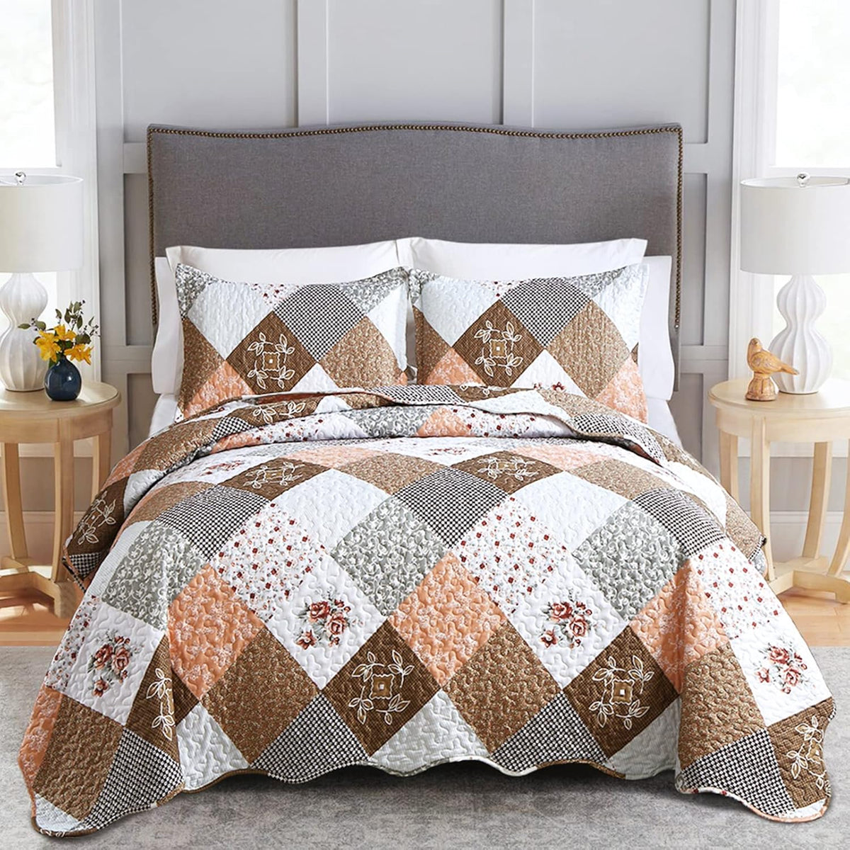 Gleaming rust brown colo patchwork 3 Pc XL Bedspread &amp; Pillow Cover Set