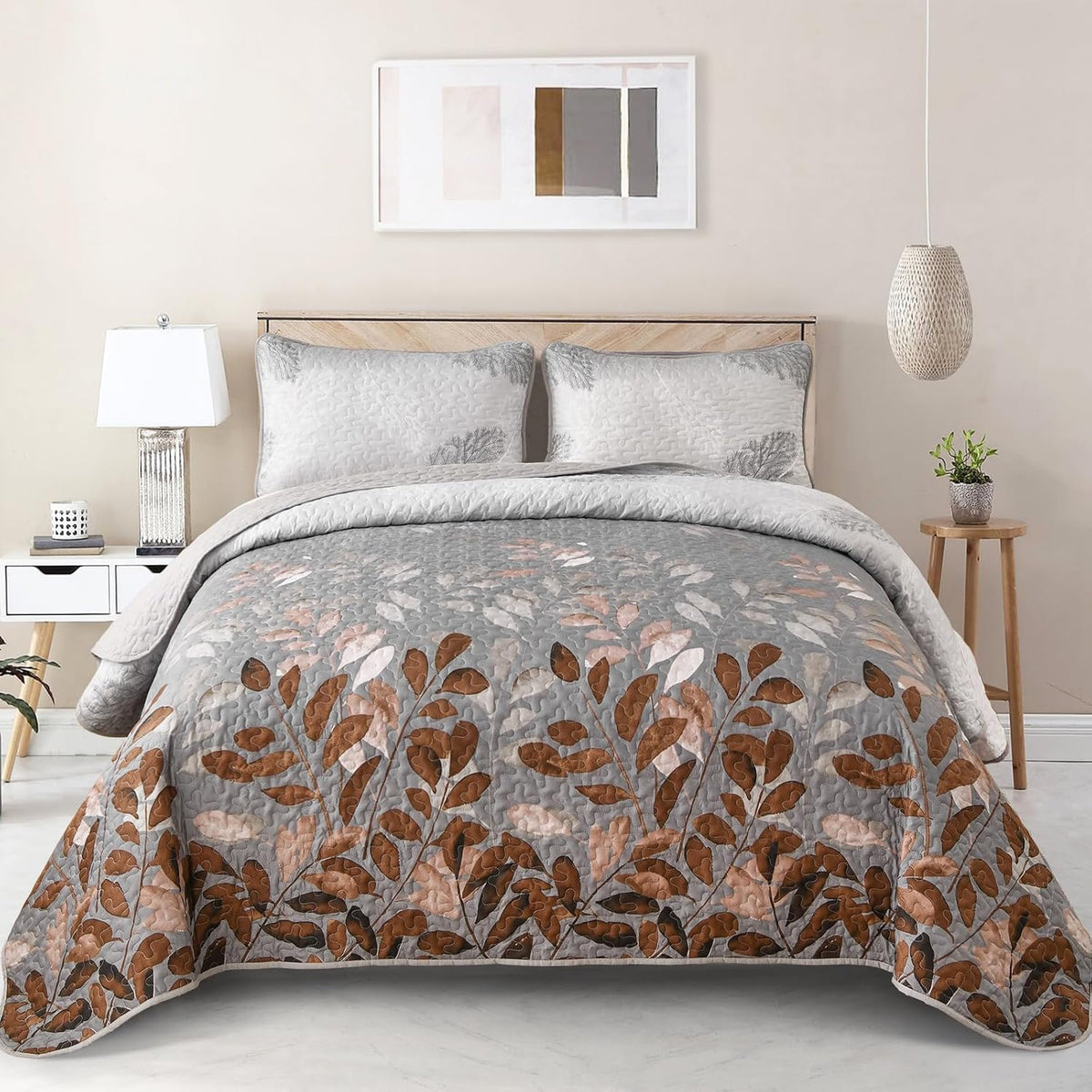 Gleaming rust grey Floral 3 Pc Bedspread &amp; Pillow Cover Set