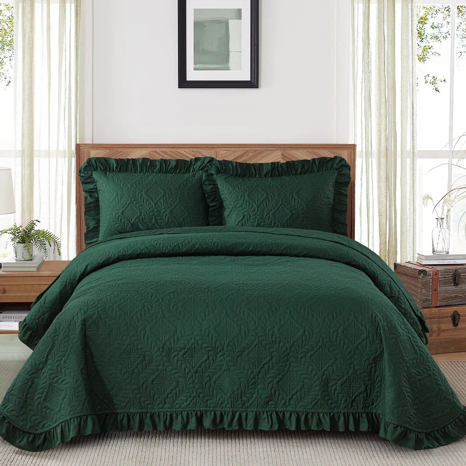 Blackish Green Solid Fringe Bedspread Coverlet 3 Piece Set