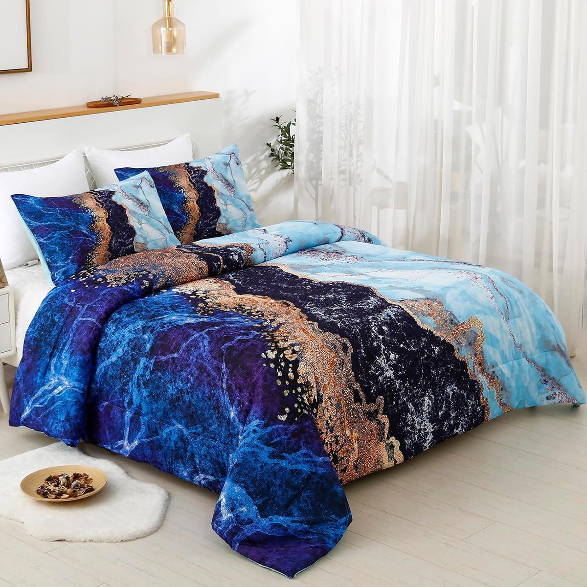 Blue Marble Comforter Set, Queen/King Size, Retro Watercolor 3-Piece Bedding Collection