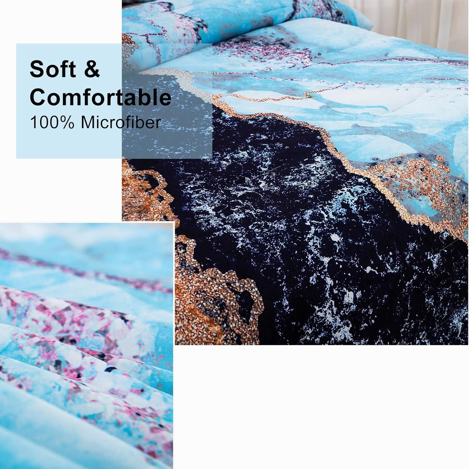 Blue Marble Comforter Set, Queen/King Size, Retro Watercolor 3-Piece Bedding Collection
