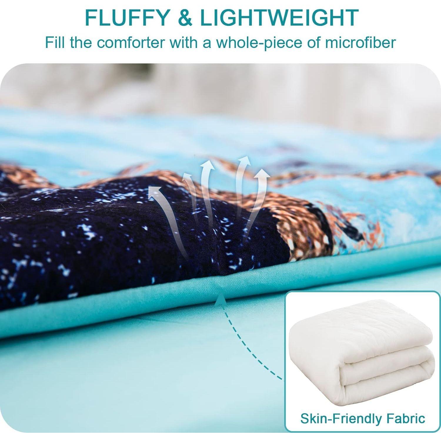 Blue Marble Comforter Set, Queen/King Size, Retro Watercolor 3-Piece Bedding Collection