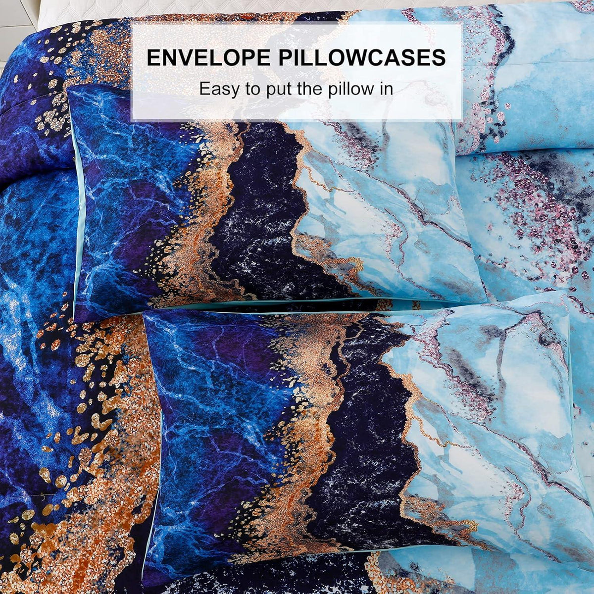 Blue Marble Comforter Set, Queen/King Size, Retro Watercolor 3-Piece Bedding Collection