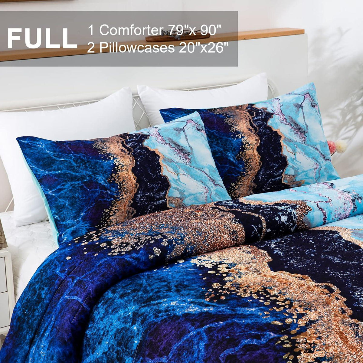 Blue Marble Comforter Set, Queen/King Size, Retro Watercolor 3-Piece Bedding Collection