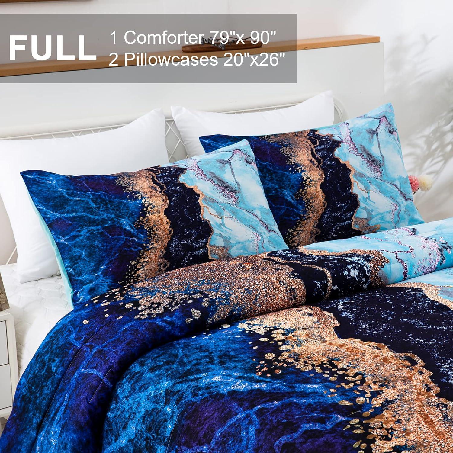 Blue Marble Comforter Set, Queen/King Size, Retro Watercolor 3-Piece Bedding Collection