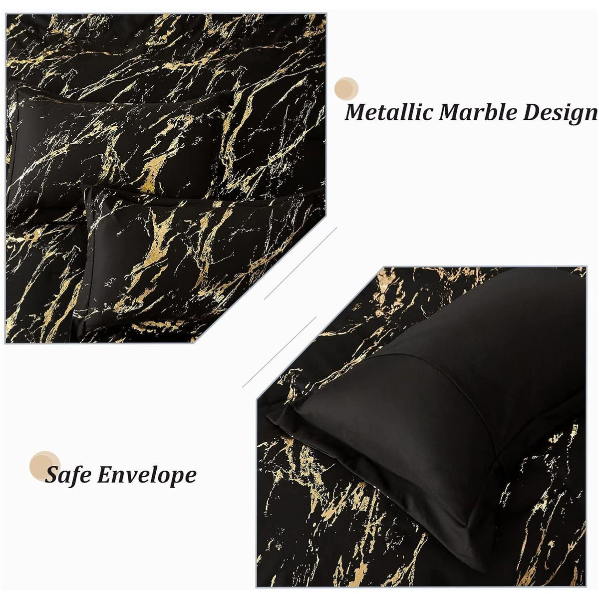 Black Gold Metallic Marble Comforter Set, Queen/King Size, Foil Print Glitter 3-Piece Bedding