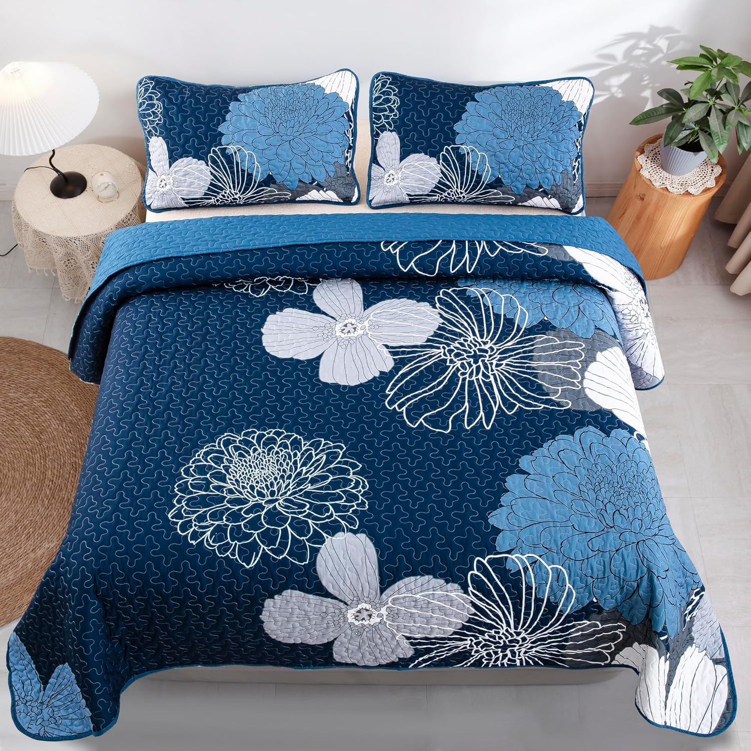 Frosted Magnolia Chic blue 3 Pc Comforter & Pillow Cover Set KING