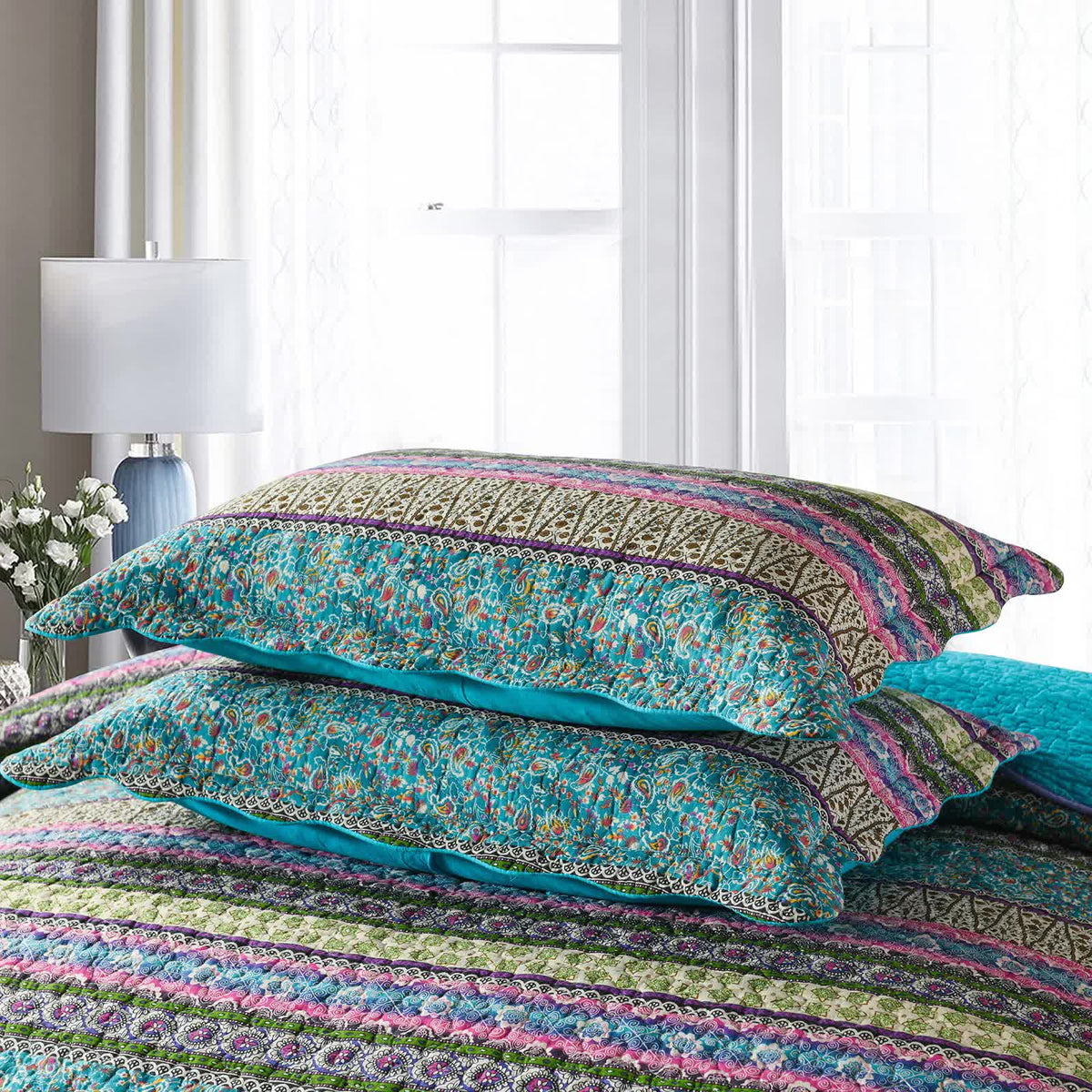 Grenn Teal Boho style Printed Bedspread Quilt Set + Pillowcases