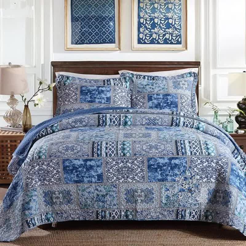 Boho Blue Quilted Coverlet &amp; Pillow Set: Vibrant, Cozy Elegance - king