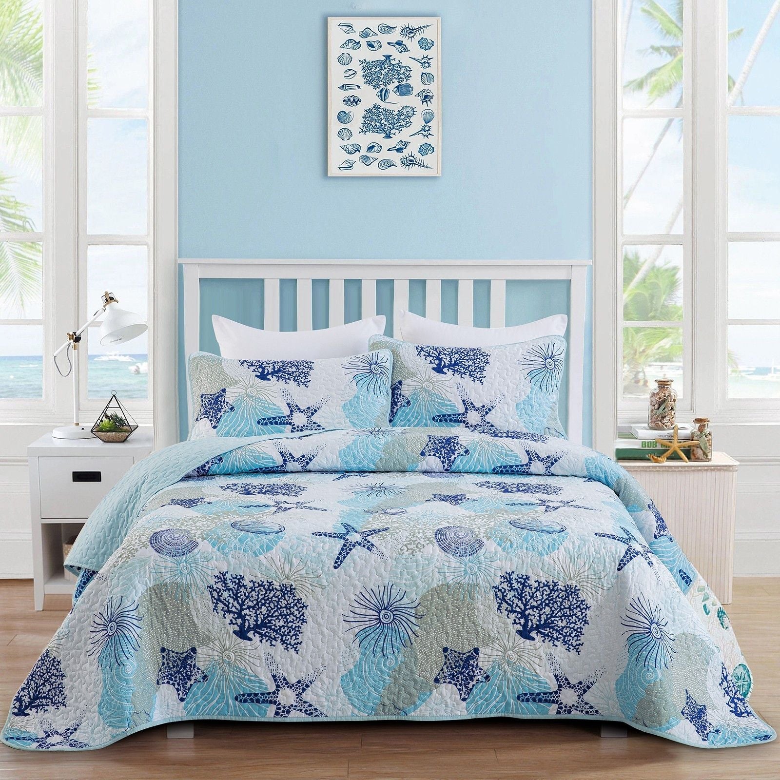 Light Blue Coastal Seashell Bedspread Coverlet 3 Piece Set