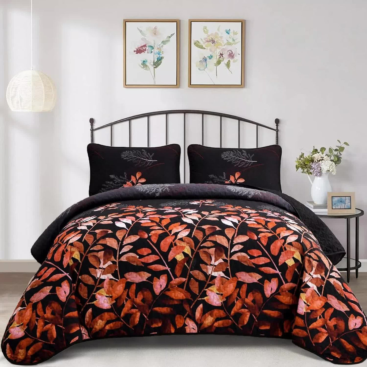 Black and Red  Leaves Quilted Bedspread &amp; Pillowcase Set
