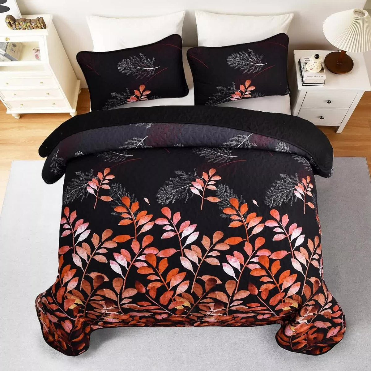 Black and Red  Leaves Quilted Bedspread & Pillowcase Set