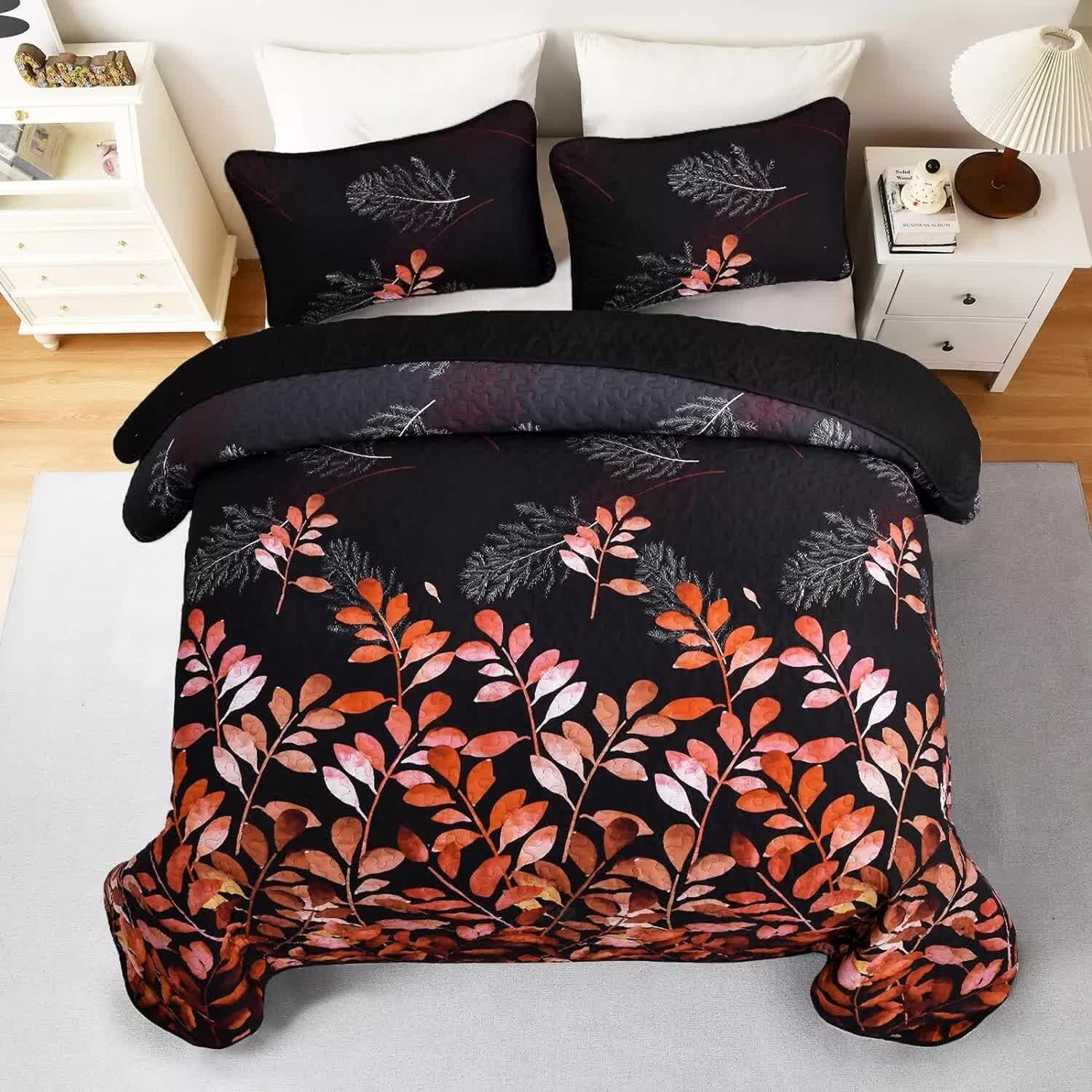 Black and Red  Leaves Quilted Bedspread & Pillowcase Set