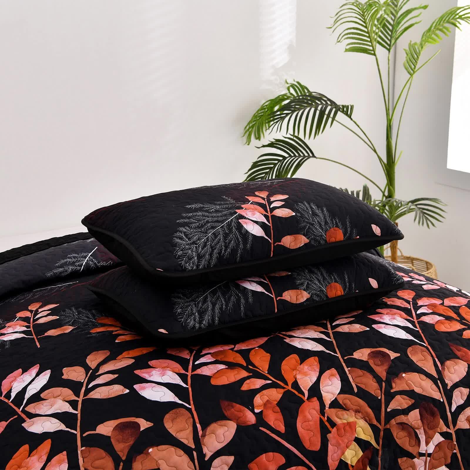 Black and Red  Leaves Quilted Bedspread & Pillowcase Set