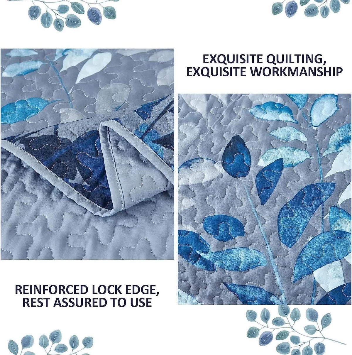 Blue Garden Coverlet Set with Quilted Floral Pattern and Pillowcases