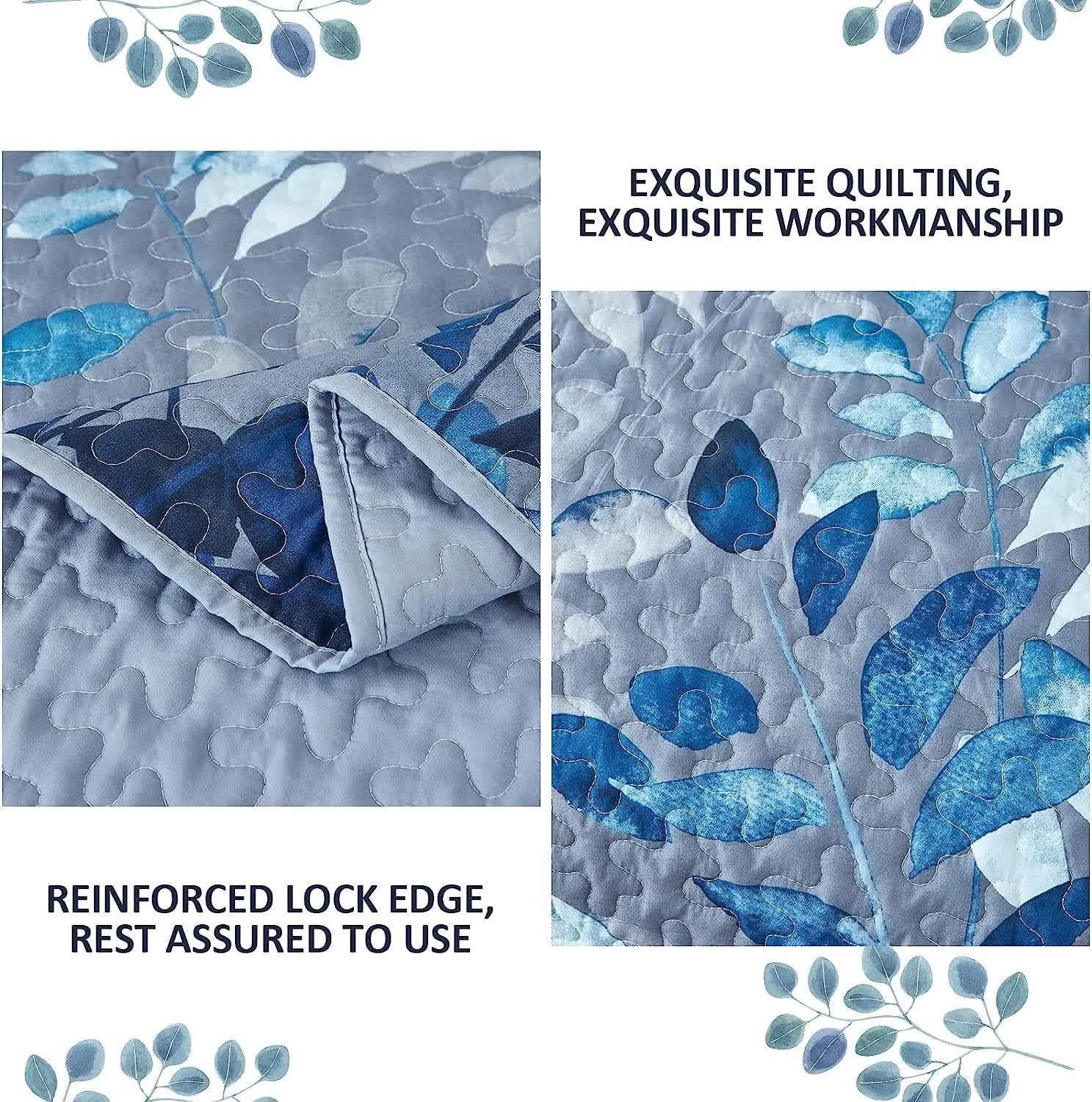 Blue Garden Coverlet Set with Quilted Floral Pattern and Pillowcases