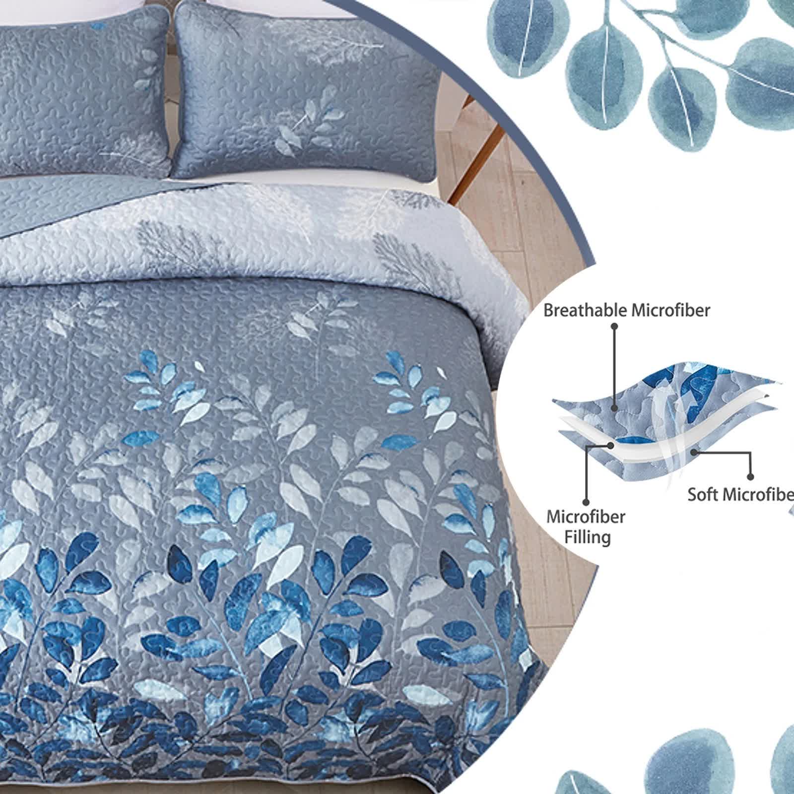 Blue Garden Coverlet Set with Quilted Floral Pattern and Pillowcases