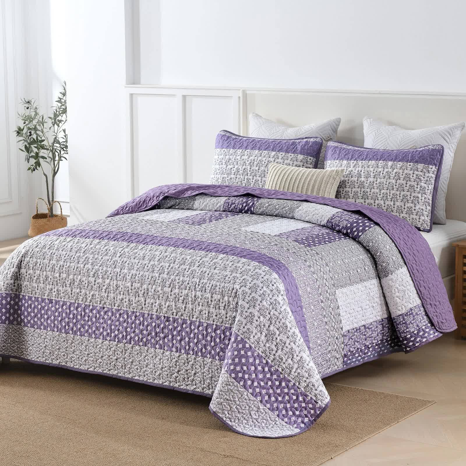 Bohemian Purple and White Quilted Bedspread or Coverlet Set and matching pillowcases
