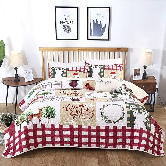 Festive Christmas Red &amp; Green Queen Bedspread Set