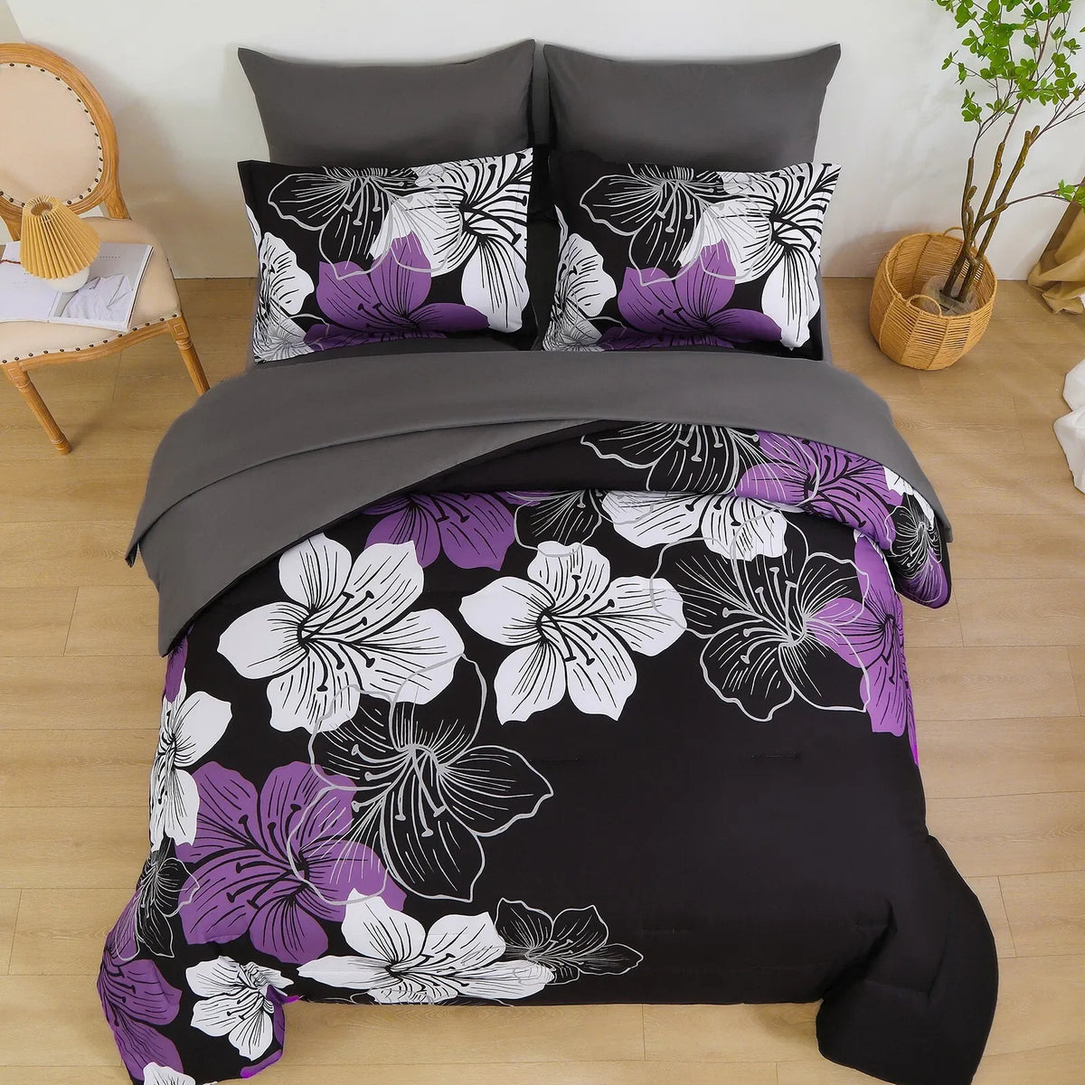 Black Purple Hibiscus Bloom Comforter Quilted Doona Set