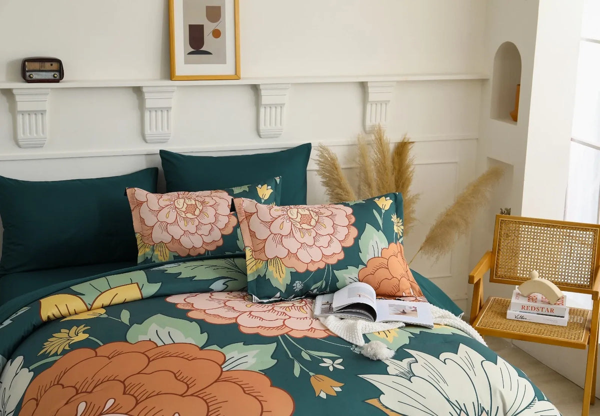 Teal Terracotta Dahlia Bloom Comforter Quilted Doona Set