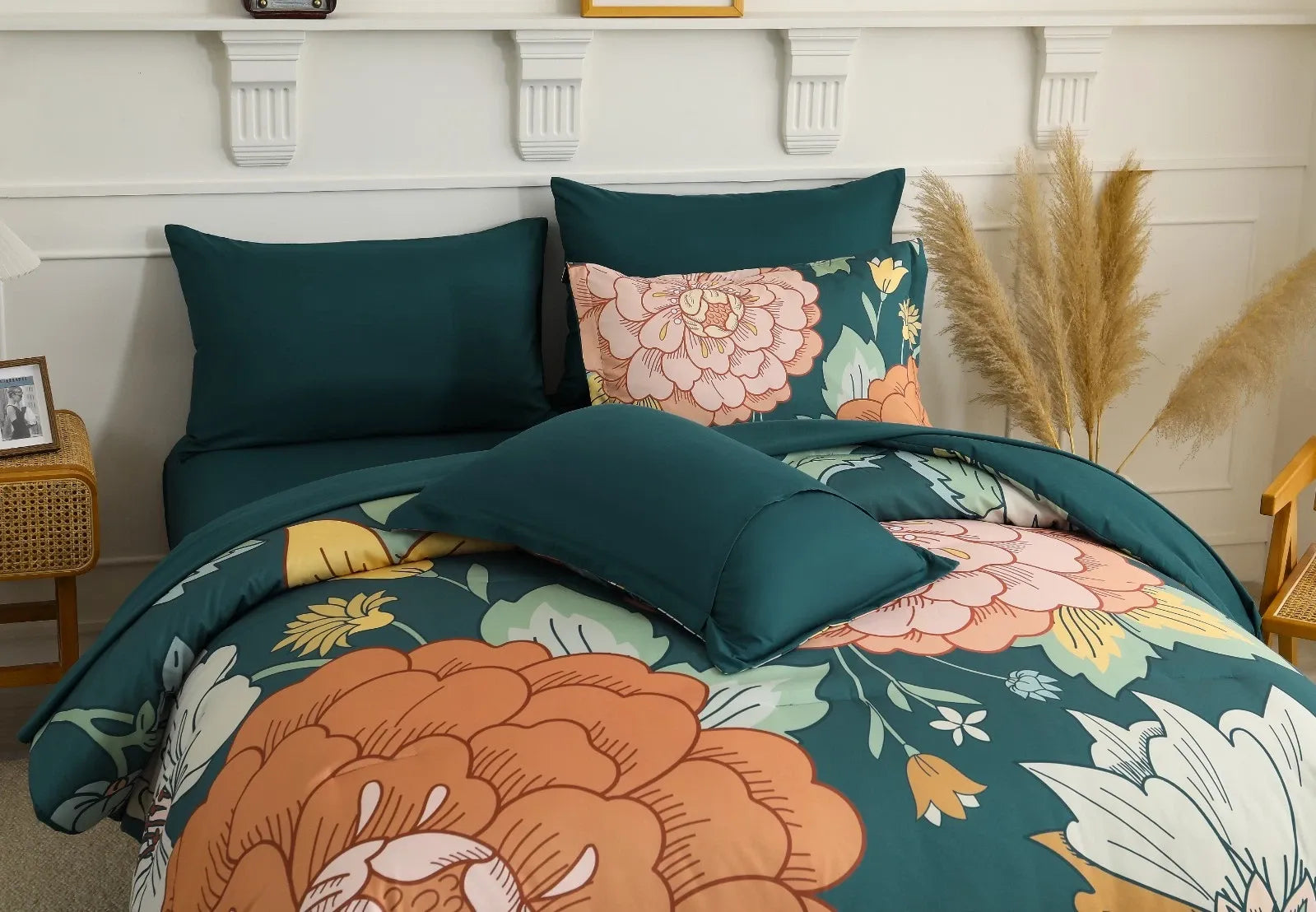 Teal Terracotta Dahlia Bloom Comforter Quilted Doona Set