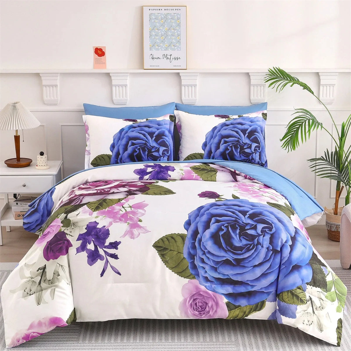 Blue Violet Rose Bloom Comforter Quilted Doona Set