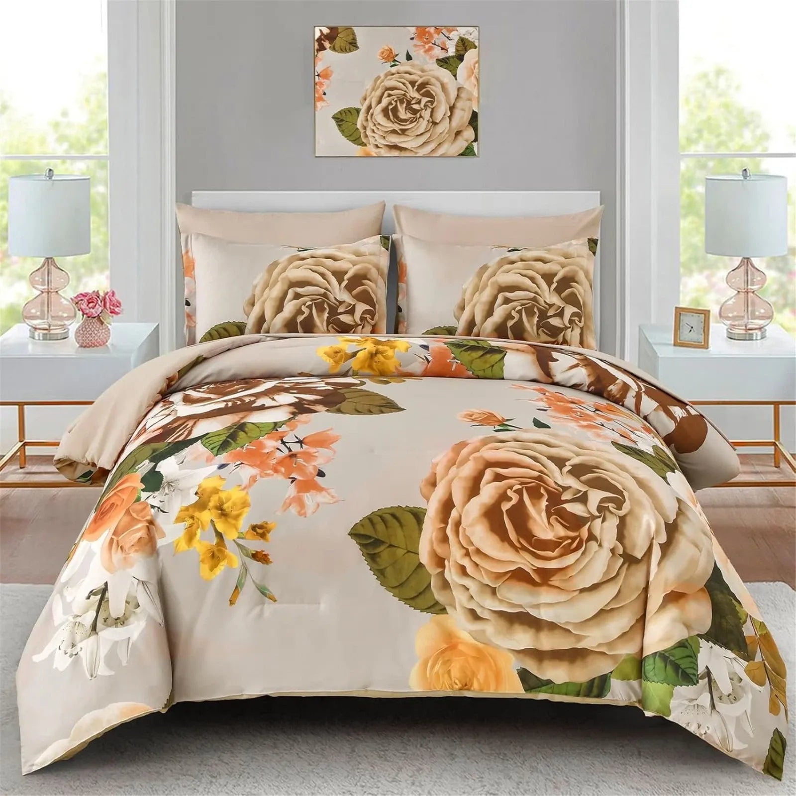 Cream Golden Rose Meadow Comforter Quilted Doona Set