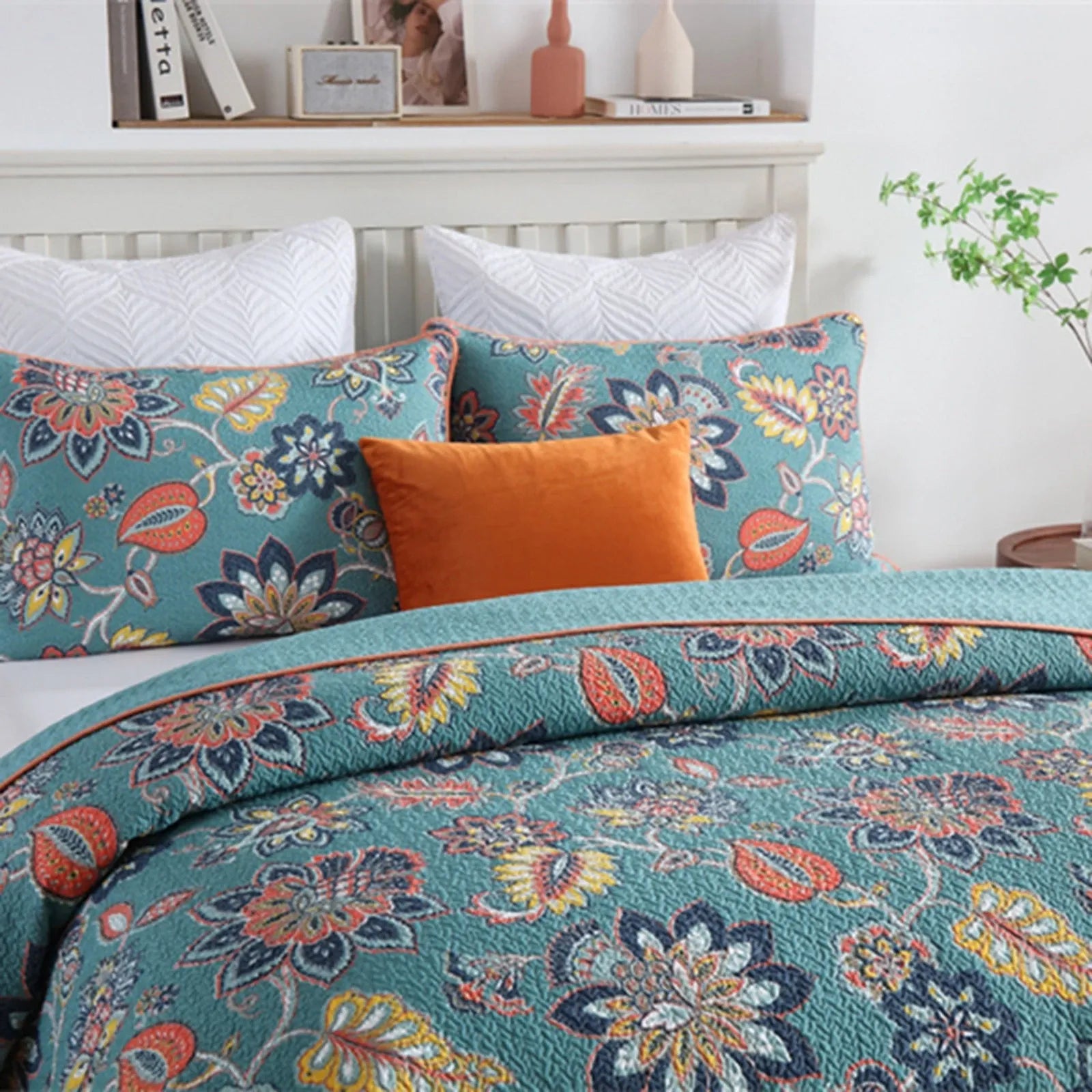100% Cotton Teal Floralia Garden Coverlet Bedspread Set