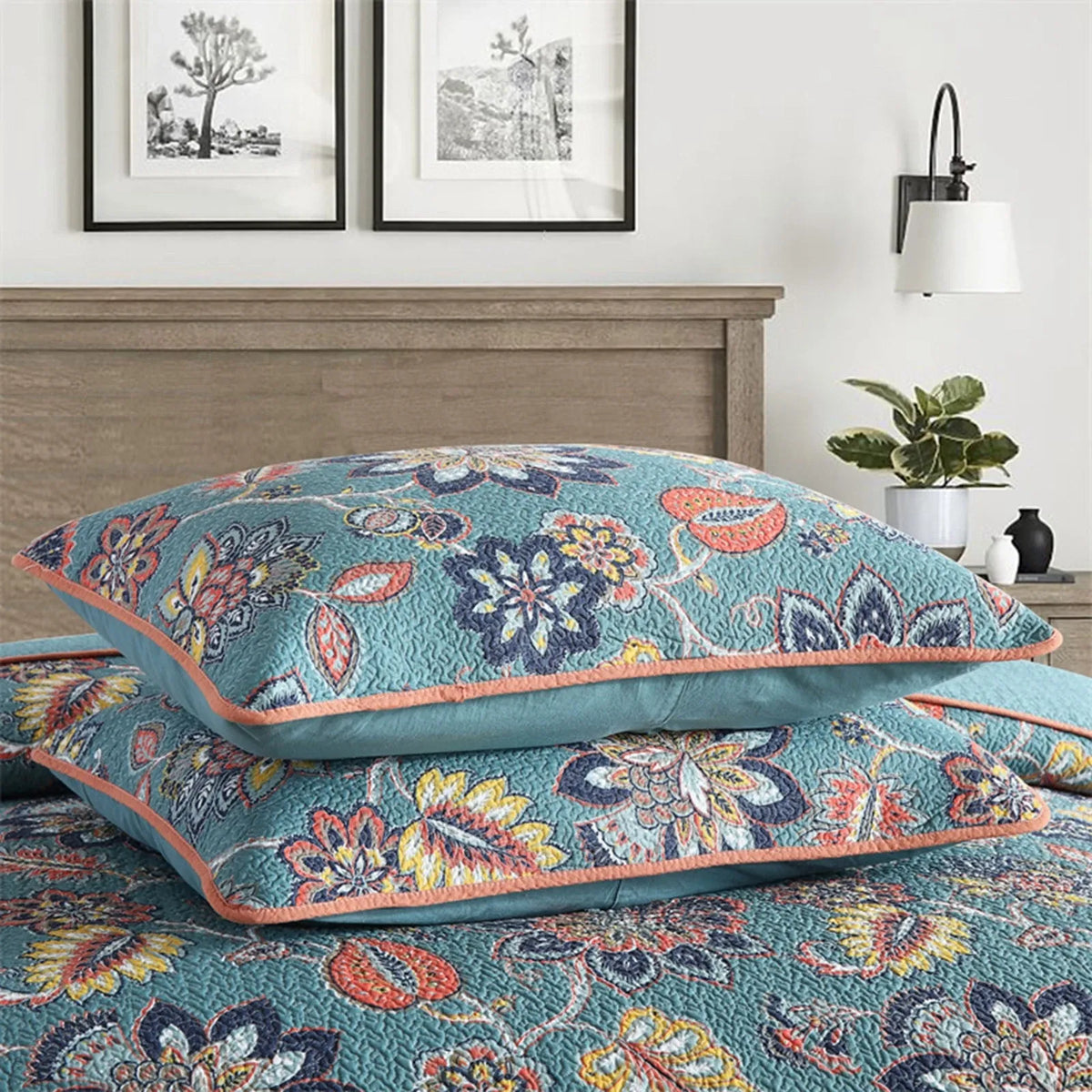 100% Cotton Teal Floralia Garden Coverlet Bedspread Set