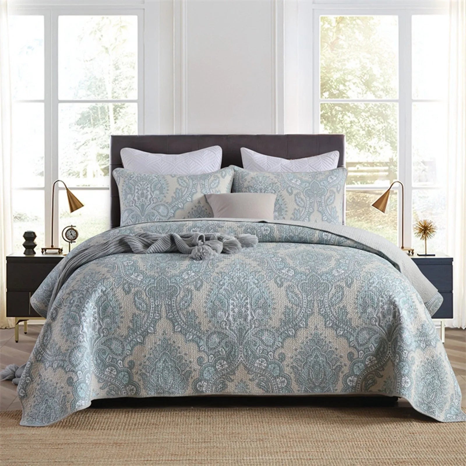100% Cotton Blue Silver Damask Bloom Coverlet Bedspread Set