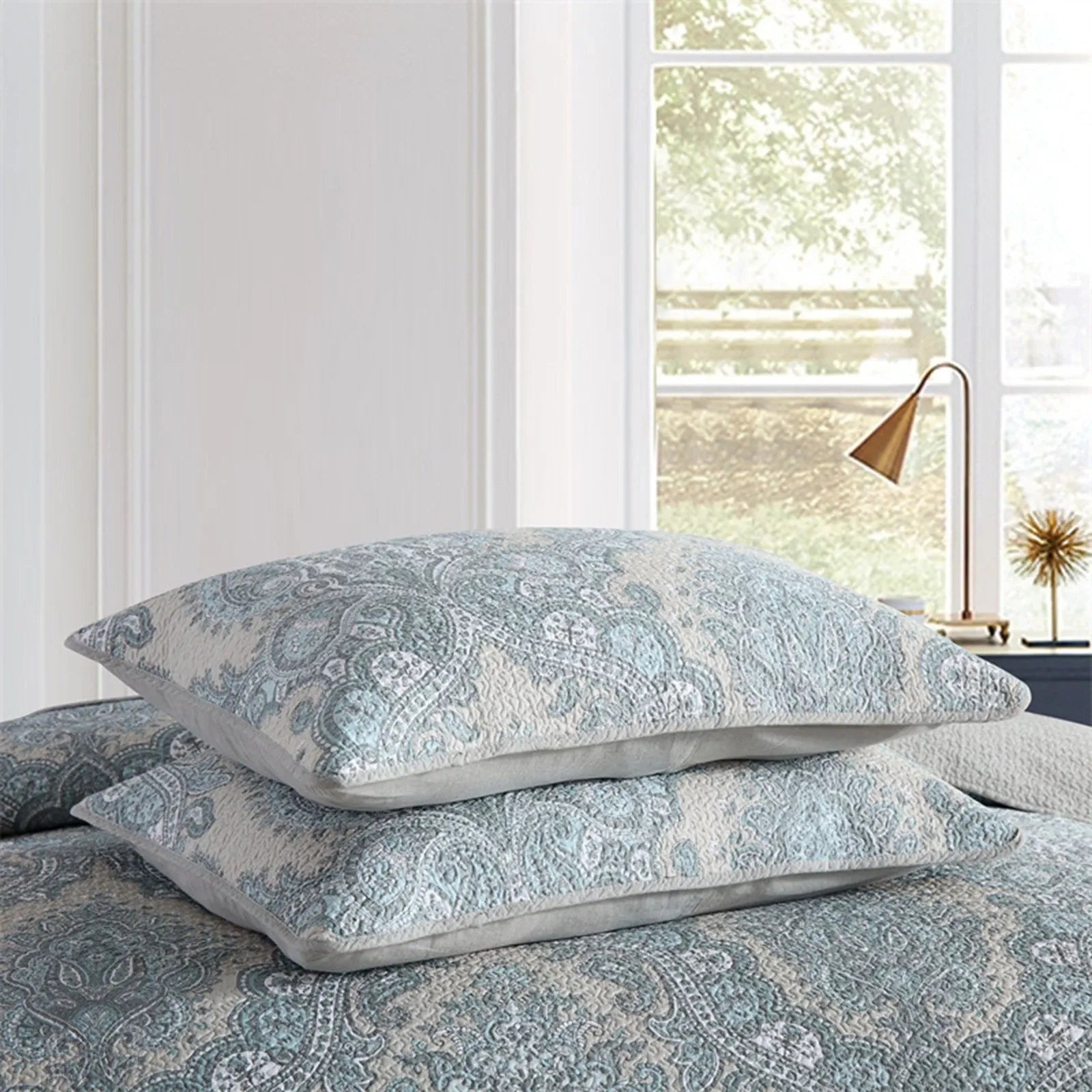 100% Cotton Blue Silver Damask Bloom Coverlet Bedspread Set