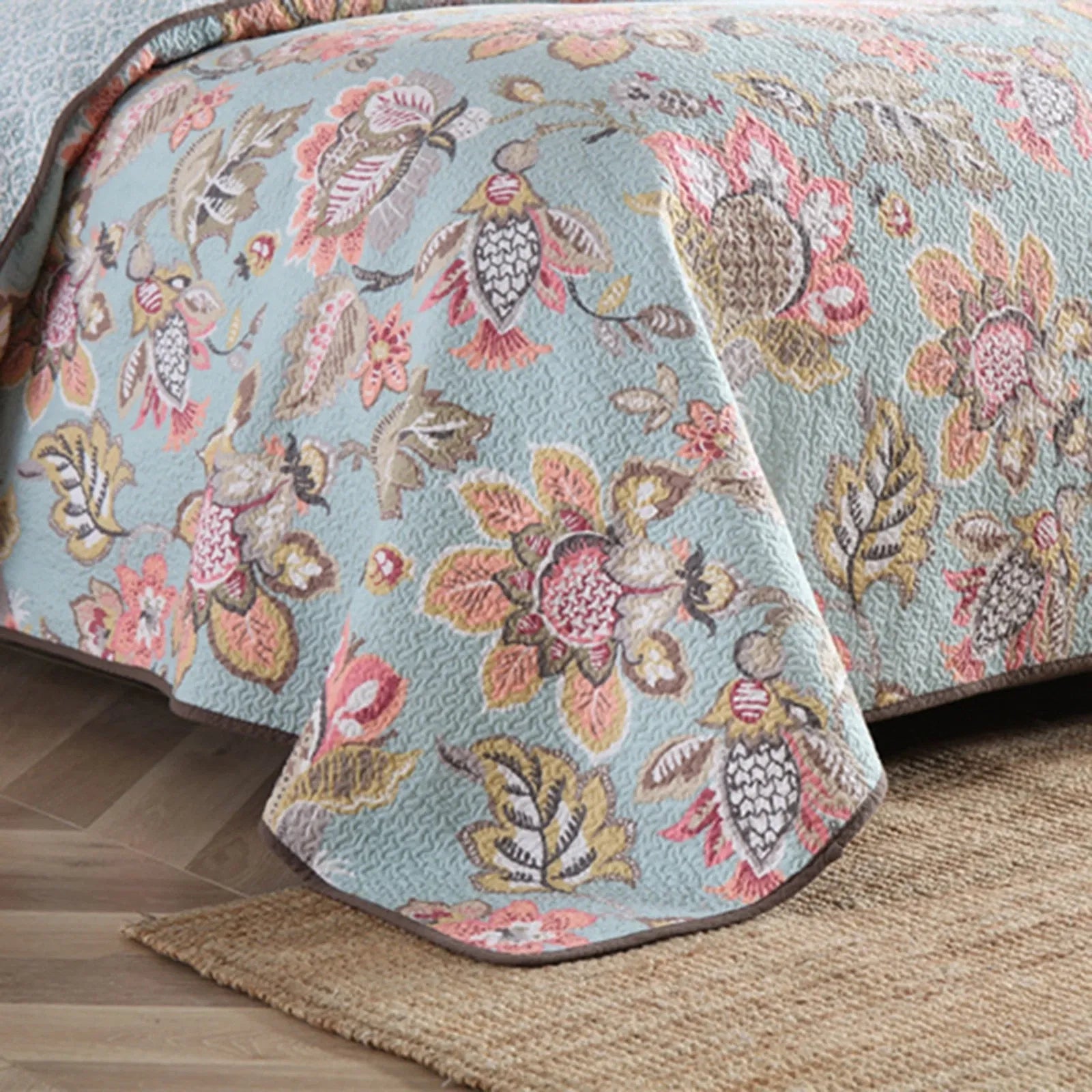 100% Cotton Blush Aqua Rosehaven Coverlet Bedspread Set